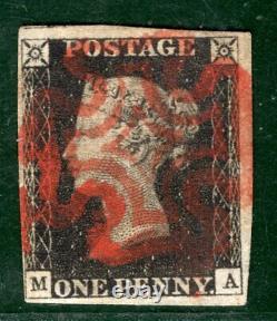 GB PENNY INTENSE-BLACK QV 1840 SG. 1 1d Plate 1b (MA) Used Red MX c£525- GRED15