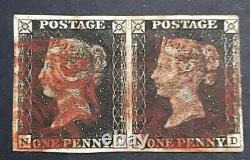GB Qv 1840 Penny Black Pair (nc-nd) Pl 07 Four Margin Close Red Maltese Cross
