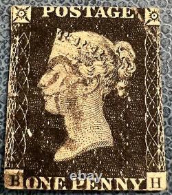GB Stamp 1840 1d Penny black plate (BH) 2 SG2- 4 margins No Gum Used