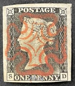 GREAT BRITAIN #1, 1840 Penny Black 4 margins, Maltese Cross cancel (SD) VF, USED