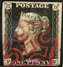 GREAT BRITAIN 1840 Penny Black Stamp PF 4 Margins, Red Maltese Cross