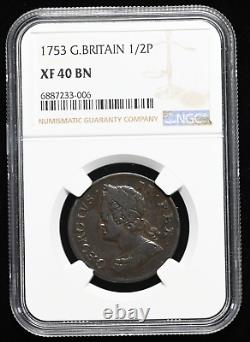 GREAT BRITAIN. George II, Copper Halfpenny, 1753, NGC XF40 BN