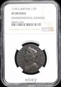 GREAT BRITAIN. King George II, 1734 AD England Halfpenny 1/2p, 1727-1760, NGC XF