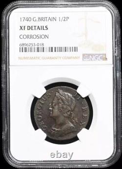 GREAT BRITAIN. King George II, 1740 AD England Halfpenny 1/2p, 1727-1760, NGC XF