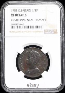 GREAT BRITAIN. King George II, 1752 AD England Halfpenny 1/2p, 1727-1760, NGC XF