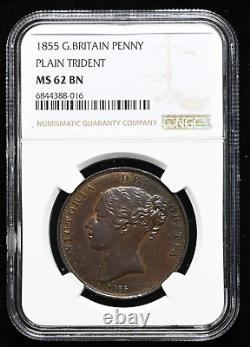 GREAT BRITAIN. Victoria, 1855 Plain Trident, Young Head Penny, NGC MS62 BN