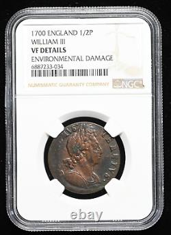 GREAT BRITAIN. William III, Copper Halfpenny, 1700, NGC VF Details