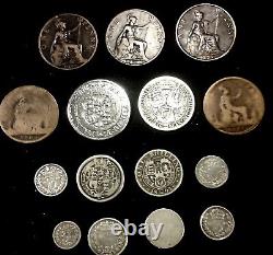 Great Britain 1816-1898 Lot of 15 19th Century Coins. 925 and Bronze SHIPS FREE