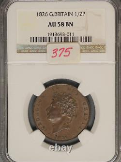 Great Britain 1826 1/2 Penny K-692 NGC AU58 BN