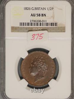 Great Britain 1826 1/2 Penny K-692 NGC AU58 BN