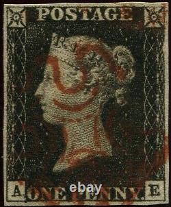 Great Britain 1840 1d Penny Black'AE' Plate 9. 4 Margin. Red Maltese Cross