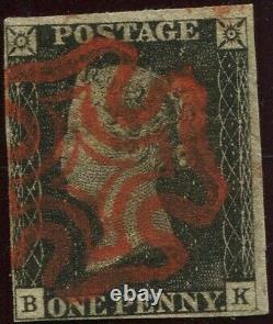 Great Britain 1840 1d Penny Black'BK' 4 Margin. Plate 2. Thick Red MX Cancel