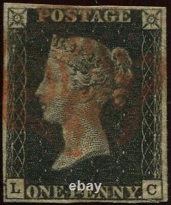 Great Britain 1840 1d Penny Black'LC' Plate 9. 4 Margin. Red Maltese Cross