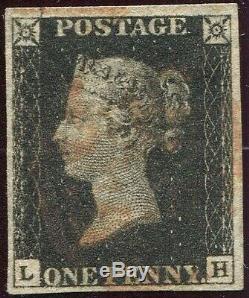 Great Britain 1840 1d Penny Black'LH' Plate 4. Strong 4 Margin. Red Maltese X