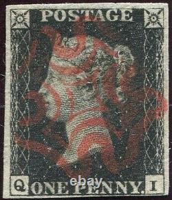 Great Britain 1840 1d Penny Black'QI' 4 Margin. Plate 1b. Lovely Red Maltese X