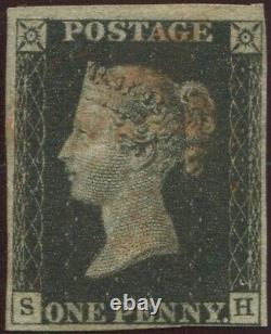 Great Britain 1840 1d Penny Black'SH' Plate 7. 4 Margins. Red Maltese Cross