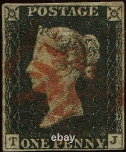 Great Britain 1840 1d Penny Black'TJ' Plate 3, 4 Margin, Thick Red Maltese X