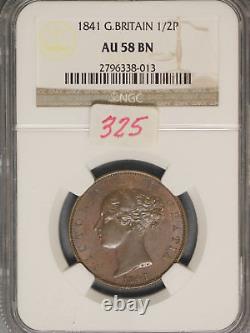 Great Britain 1841 1/2 Penny K-726 NGC AU58 BN