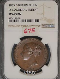 Great Britain 1853 Penny K-739 NGC MS63 BN ORNAMENTAL TRIDENT