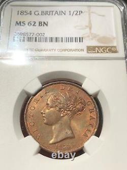 Great Britain 1854 Half Penny, Young Head Queen Victoria, NGC MS-62