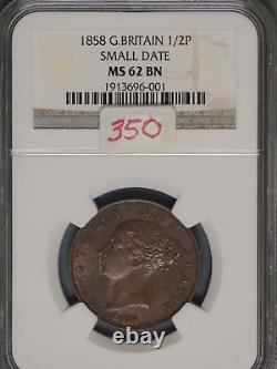 Great Britain 1858 1/2 Penny K-726 NGC MS62 BN