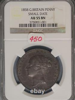 Great Britain 1858 Penny K-739 NGC AU55 BN SMALL DATE