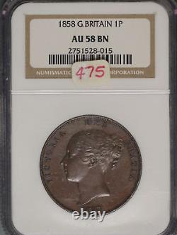 Great Britain 1858 Penny K-739 NGC AU58 BN LARGE DATE WithO WW