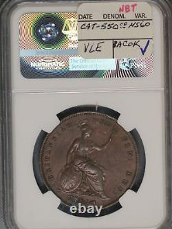 Great Britain 1858 Penny K-739 NGC AU58 BN LARGE DATE WithO WW