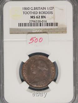 Great Britain 1860 1/2 Penny K-748.2 NGC MS62 BN Toothed