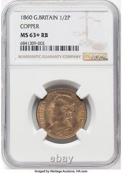 Great Britain 1860 1/2d NGC MS63+ RB Stunning Color