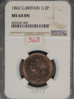 Great Britain 1862 1/2 Penny K-748.2 NGC MS64 BN