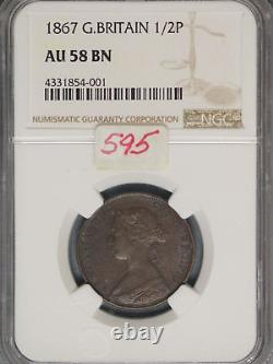 Great Britain 1867 1/2 Penny K-748.2 NGC AU58 BN