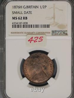 Great Britain 1876H 1/2 Penny K-754 NGC MS62 RB SMALL DATE