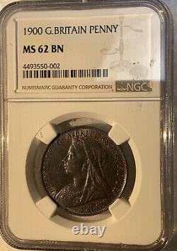 Great Britain 1900 one Penny NGC MS 62 BN Beautiful Purple Blue Toning on Coin