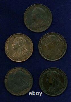 Great Britain / England 1 Penny Coins 1890, 1896, 1897, 1898, 1899, Lot Of (5)