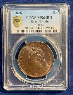 Great Britain George IV 1826 1 Penny Coin Uncirculated, Certified Pcgs Ms64-bn