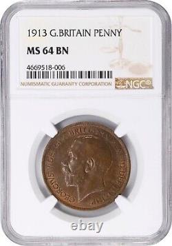 Great Britain George V 1913 Penny, Choice Uncirculated, Certified Ngc Ms-64-bn