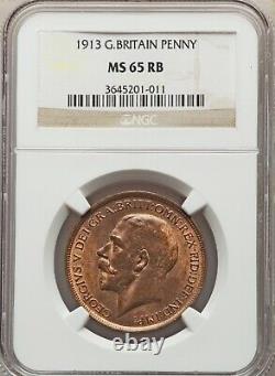 Great Britain George V 1913 Penny, Gem Uncirculated, Certified Ngc Ms-65-rb