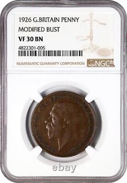 Great Britain George V 1926 1 Penny Coin, Modified Bust, Ngc Certified Vf30-bn
