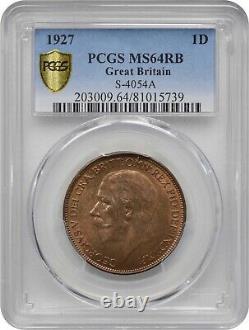 Great Britain George V 1927 Penny, Choice Uncirculated, Certified Pcgs Ms64-rb