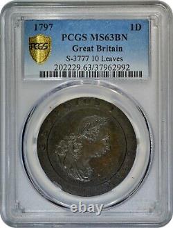 Great Britain Penny 1797 10 Leaves (pcgs Ms63bn) Premium Quality