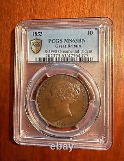 Great Britain Victoria 1853 1 Penny Coin, Uncirculated, Certified Pcgs Ms 63-bn