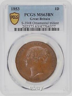 Great Britain Victoria 1853 1 Penny Coin, Uncirculated, Certified Pcgs Ms 63-bn