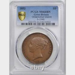 Great Britain Victoria 1853 1 Penny Coin, Uncirculated, Certified Pcgs Ms 64-bn