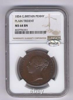 Great Britain Victoria 1854 Penny, Choice Uncirculated, Certified Ngc Ms64-bn