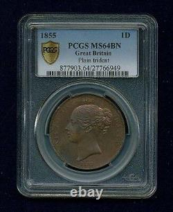 Great Britain Victoria 1855 Penny, Choice Uncirculated, Certified Pcgs Ms64-bn