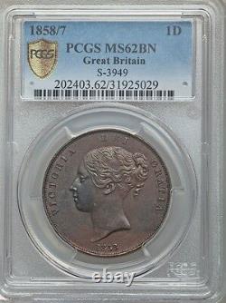 Great Britain Victoria 1858/7 1 Penny Coin Uncirculated, Certified Pcgs Ms62-bn