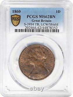 Great Britain Victoria 1860 1 Penny Coin, Uncirculated, Pcgs Certified Ms62-bn