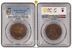 Great Britain Victoria 1860 1 Penny Coin, Uncirculated, Pcgs Certified Ms62-bn