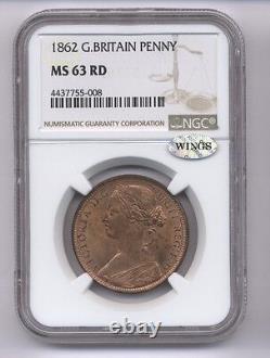 Great Britain Victoria 1862 Penny, Choice Uncirculated, Certified Pcgs Ms63-rd